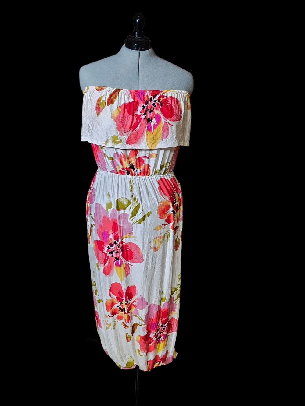 White Strapless Floral Maxi Dress with Pink Blooms